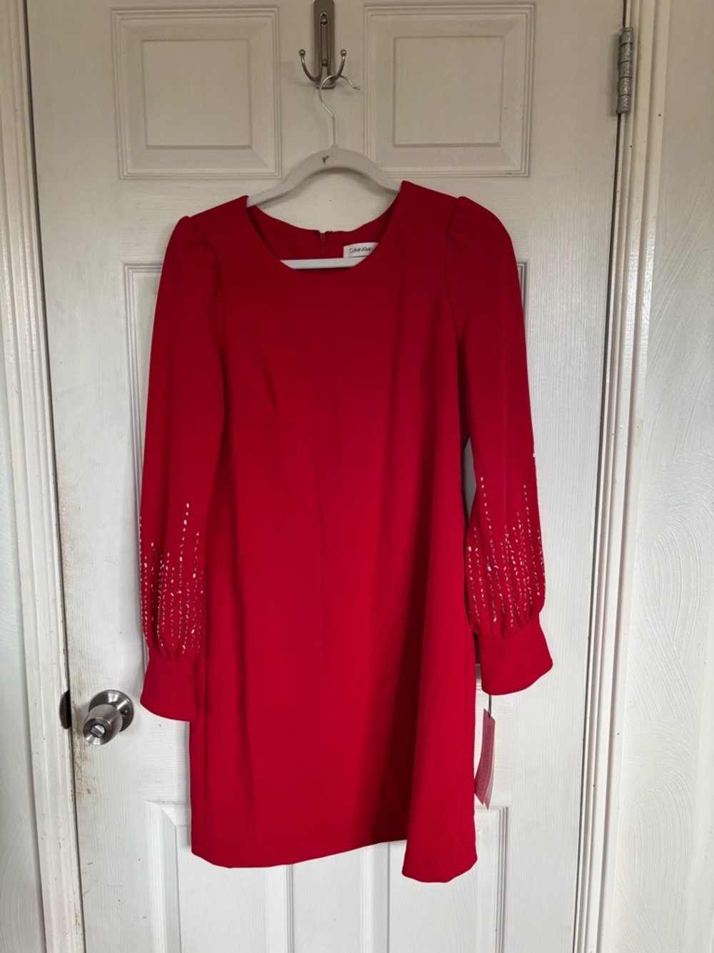 Calvin Klein Red Long Sleeve Embellished Shift Dress